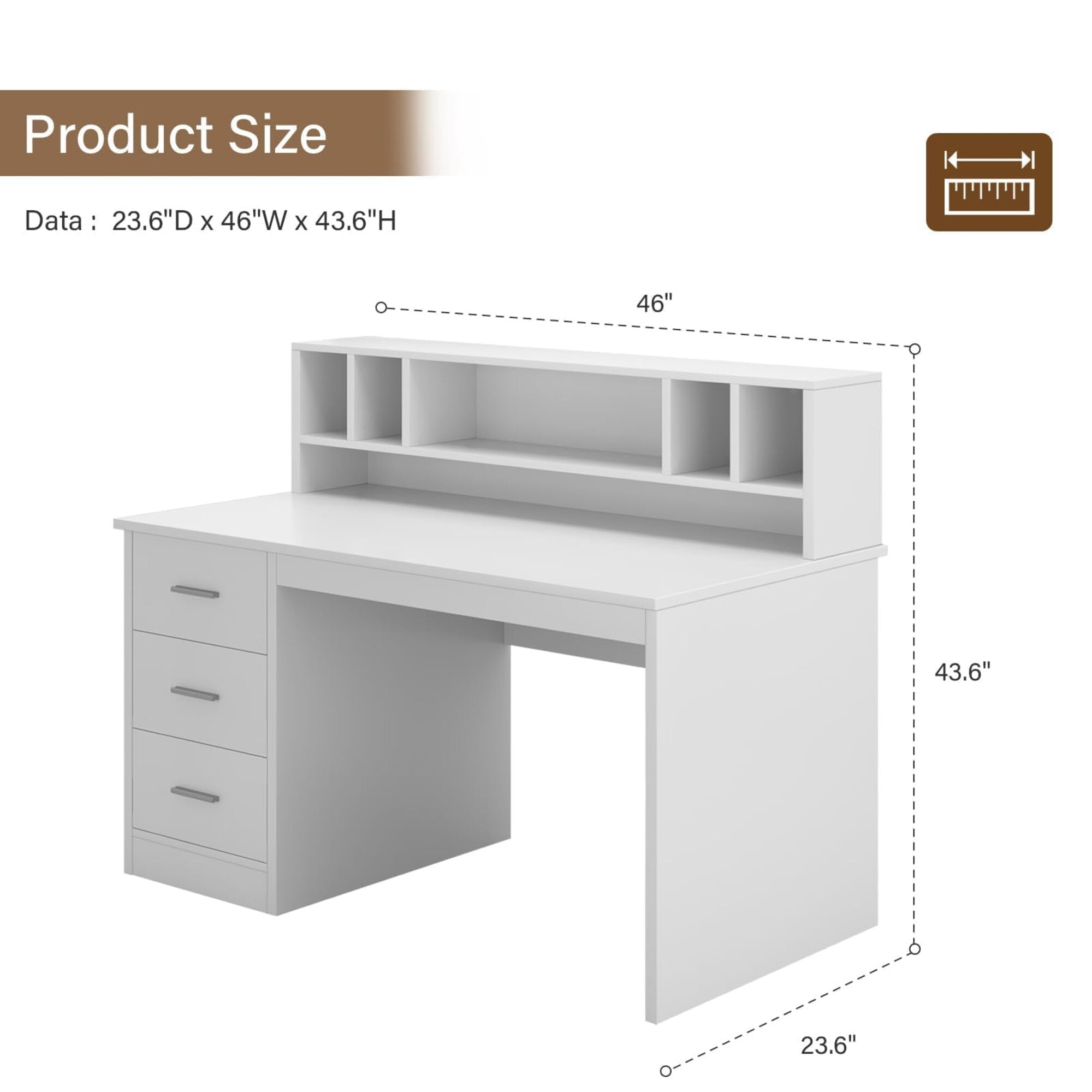 46-Inch Home Office Desk with Hutch & 3 Storage Drawers, White Finish, Small Space Writing Study Table for Home Office/Study Room