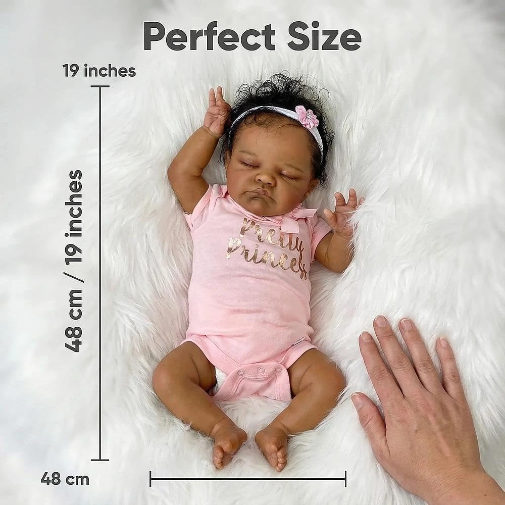 Biracial Reborn Baby Dolls Black Girl, 19 Inch Reborn Black Baby Dolls, Realistic Mixed Race Babys Doll, African American Toddler Doll with Hair, Lifelike Newborn Babies for Kids 3+