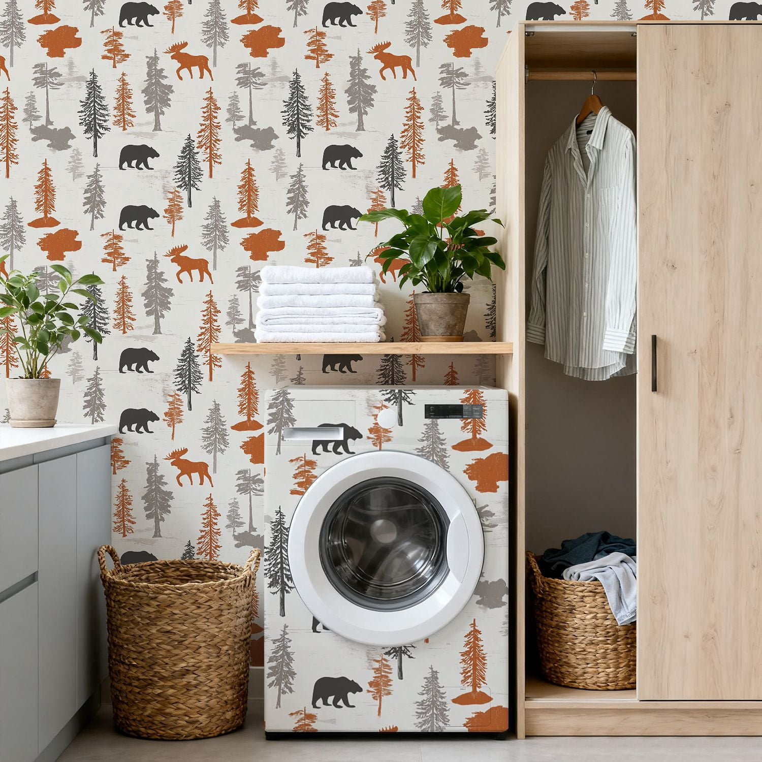 Peel and Stick Wallpaper Forest Wildlife Bear Moose Evergreen Trees Autumn Tones Wall Mural 17.7in x 9.8ft Self Adhesive Removable Wall Paper Renter Friendly Wallpaper for Nursery Bedroom Cabinets