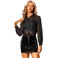 thumbnail image 1 of Tops transparentes Allegra K de malla para mujer con cuello En punta y manga larga Negro L, 1 of 6