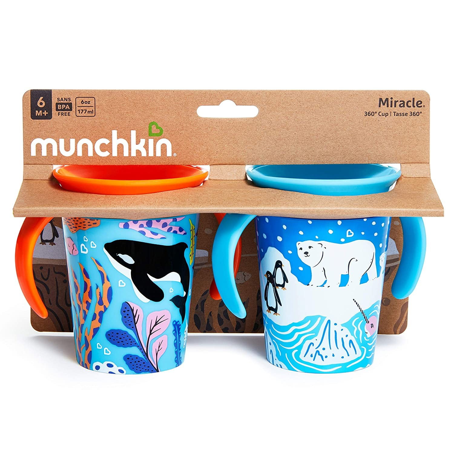 Munchkin® Miracle® 360° WildLove Trainer Sippy Cup, 6 oz, Polar Bear/Orca, Unisex, 2 Pack