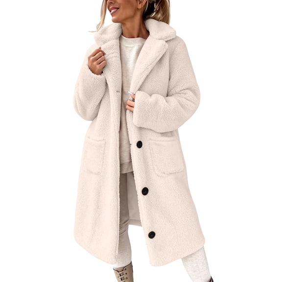 KICILVS Womens Long Fleece Jacket Oversized Fuzzy Sherpa Trench Coat Button Down Warm Winter Outwear Solid Overcoat