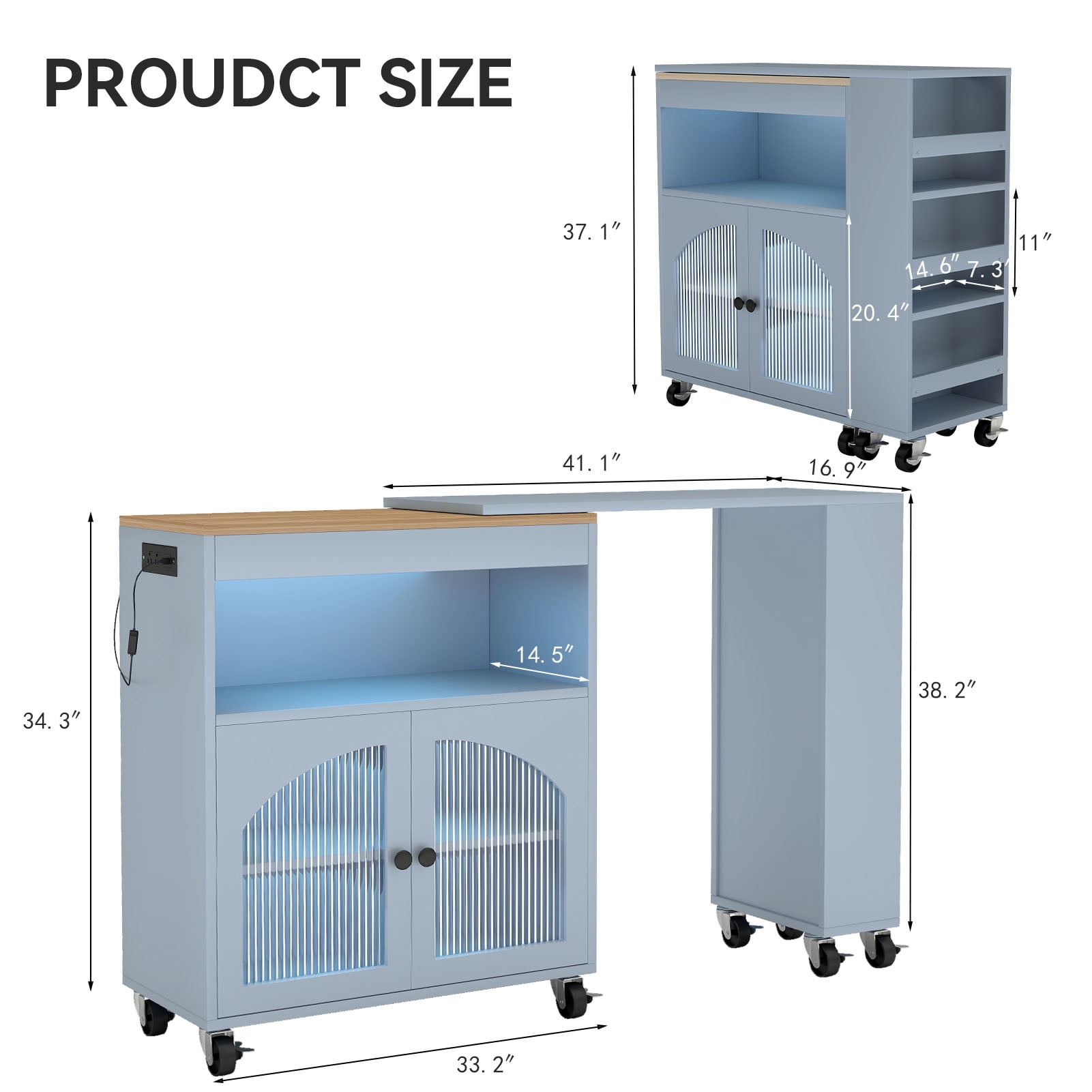 Kitchen Island, 2 Fluted Glass Doors MDF Lockable Wheels LED Light 2 USB Ports Kitchen Storage Cart  For Apartment
