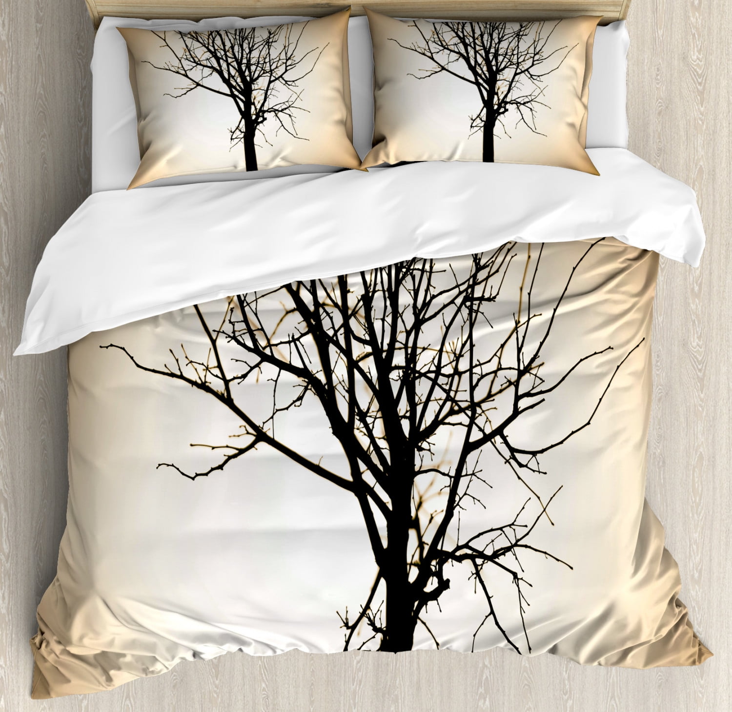 Lonely Tree Duvet Cover Set Queen Size, Woodland Element Barren Tree Design on Bokeh Style