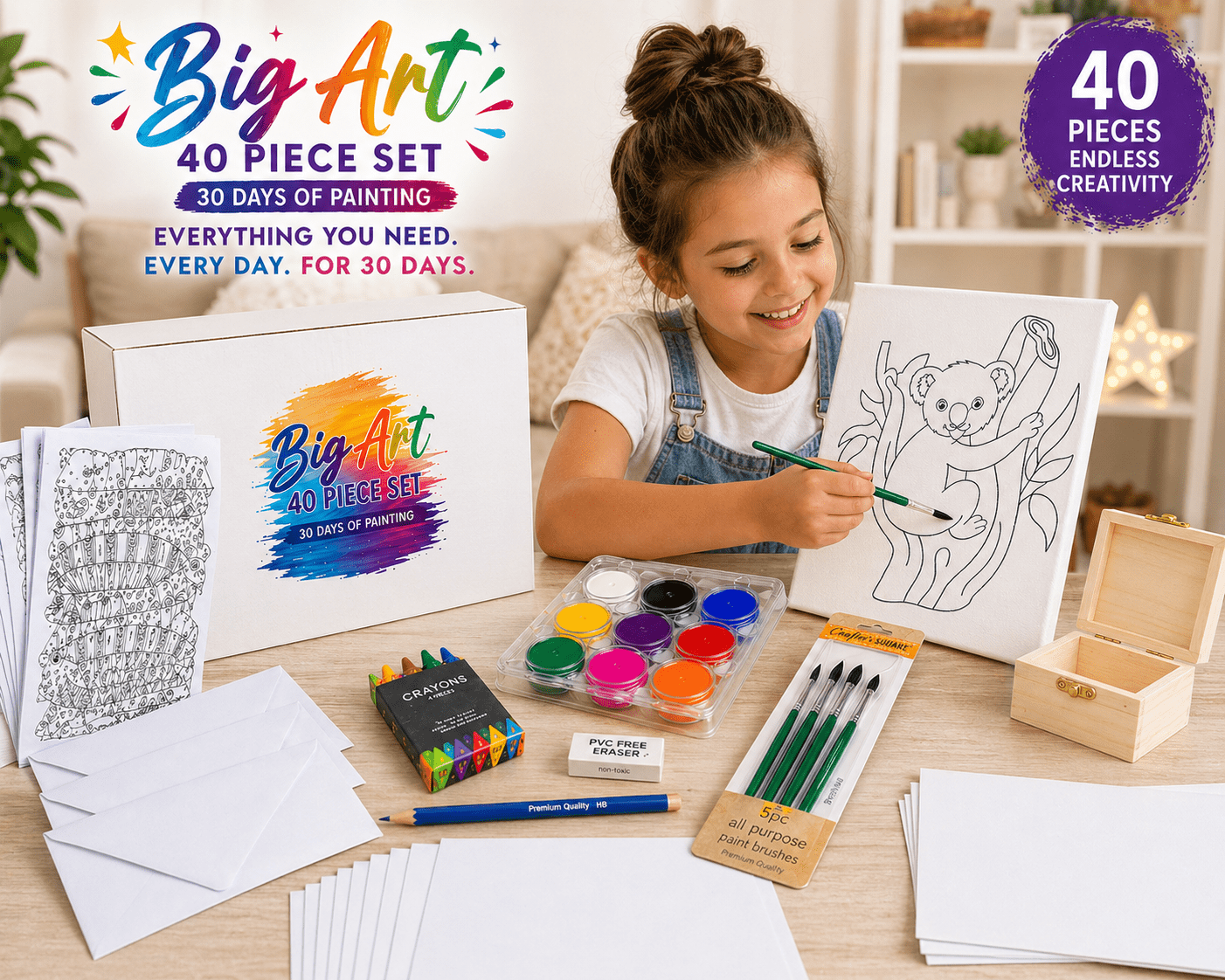 Lwbloom Big Art 40 Piece Painting Set, Acrylic Paint Kit with Canvas, Brushes and Art Supplies for Kids and Adults
