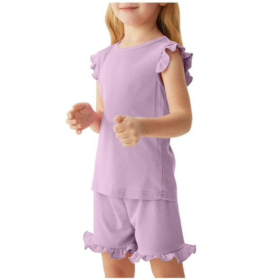 Girls Ribbed Lounge Set Summer Ice Silk Ruffle Hem Outfits Set Crew Neck Sleeveless 2 Piece Sets Loungewear Purple, 7-8 Y