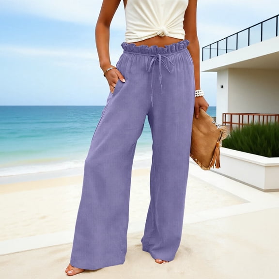 AUNVITO Women's Wide Leg Pants Casual Fit with Elastic Waist and Side Tabs Pure Color Casual Comfortable