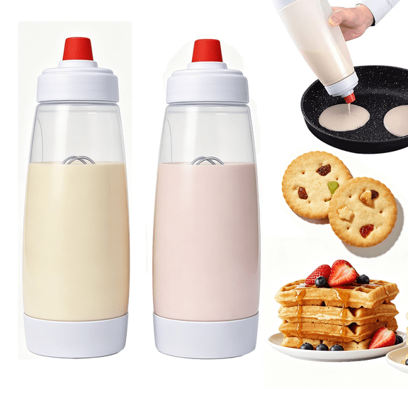 Pancake Batter Dispenser with Whisk Ball, 2-Pack Squeeze Bottle for Pancakes, Waffles, Crepes Cupcakes, Clear Baking Mixer Bottle with Easy Pour Cap