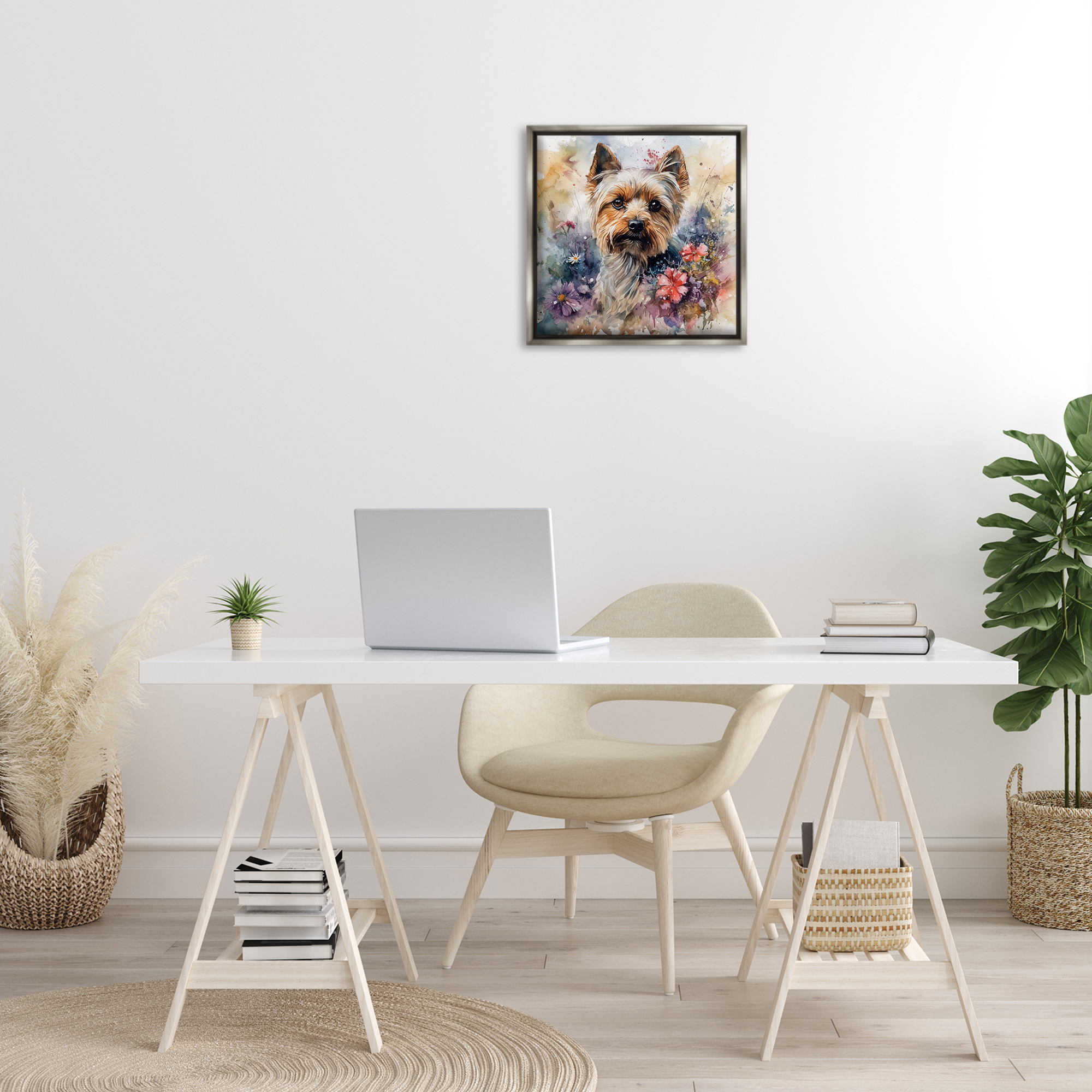 Stupell Industries Floral Adorned Yorkie Animals & Insects Painting Gray Floater Framed Canvas Art Print Wall Art, 18 x 18