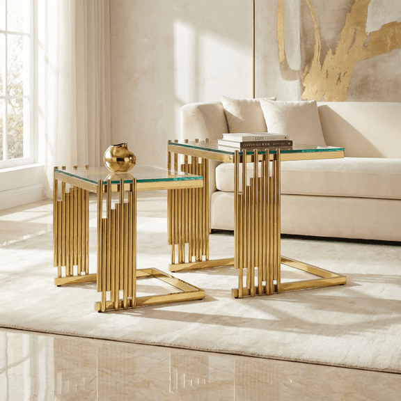 2 Pieces Nesting Coffee Table Set, Tempered Glass Top with 201 Stainless Gold Steel Frame, Modern Accent Coffee Table for Living Room Bedroom