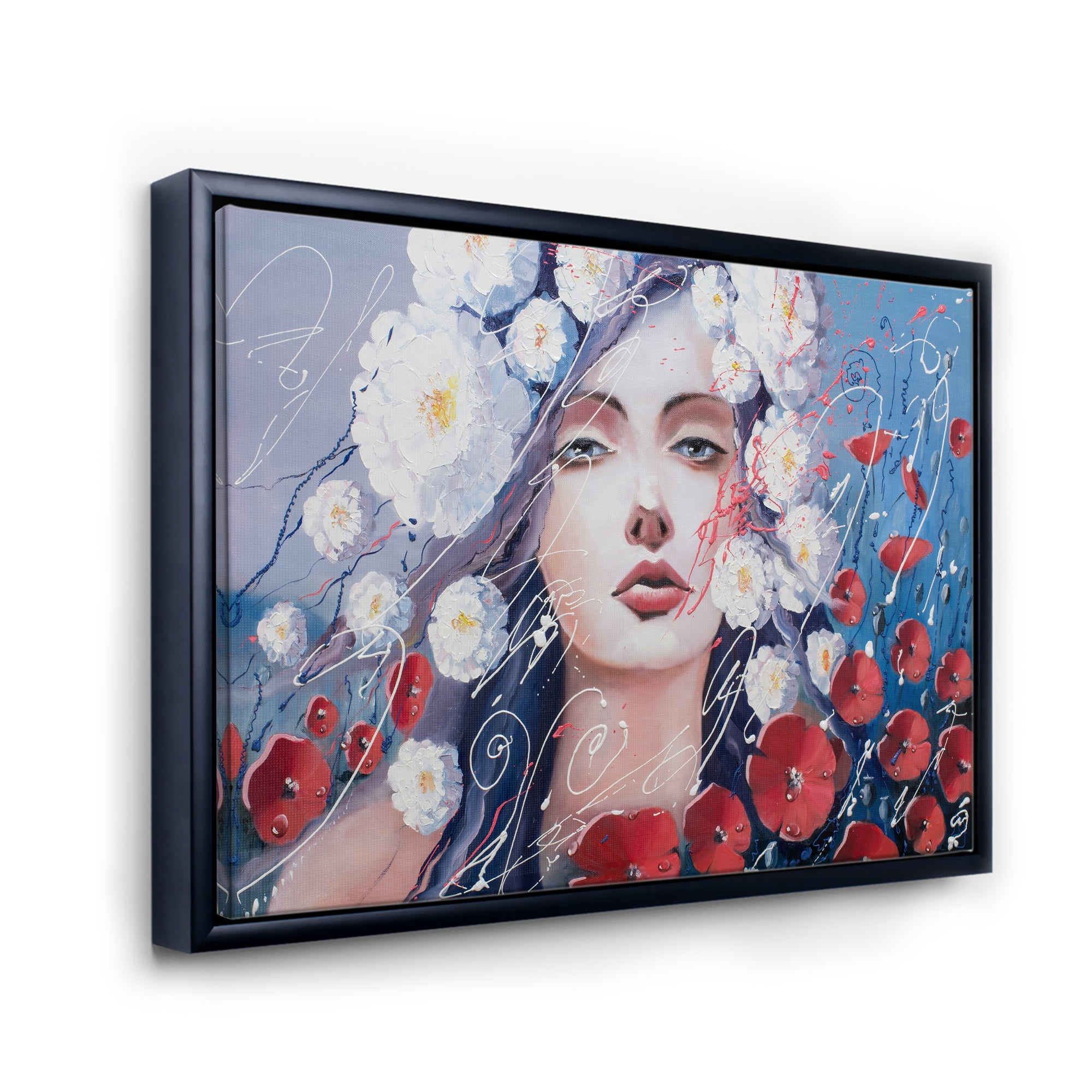 Designart 'Portrait Of A Young Lady With Red & White Flowers' Traditional Framed Canvas Wall Art Print
