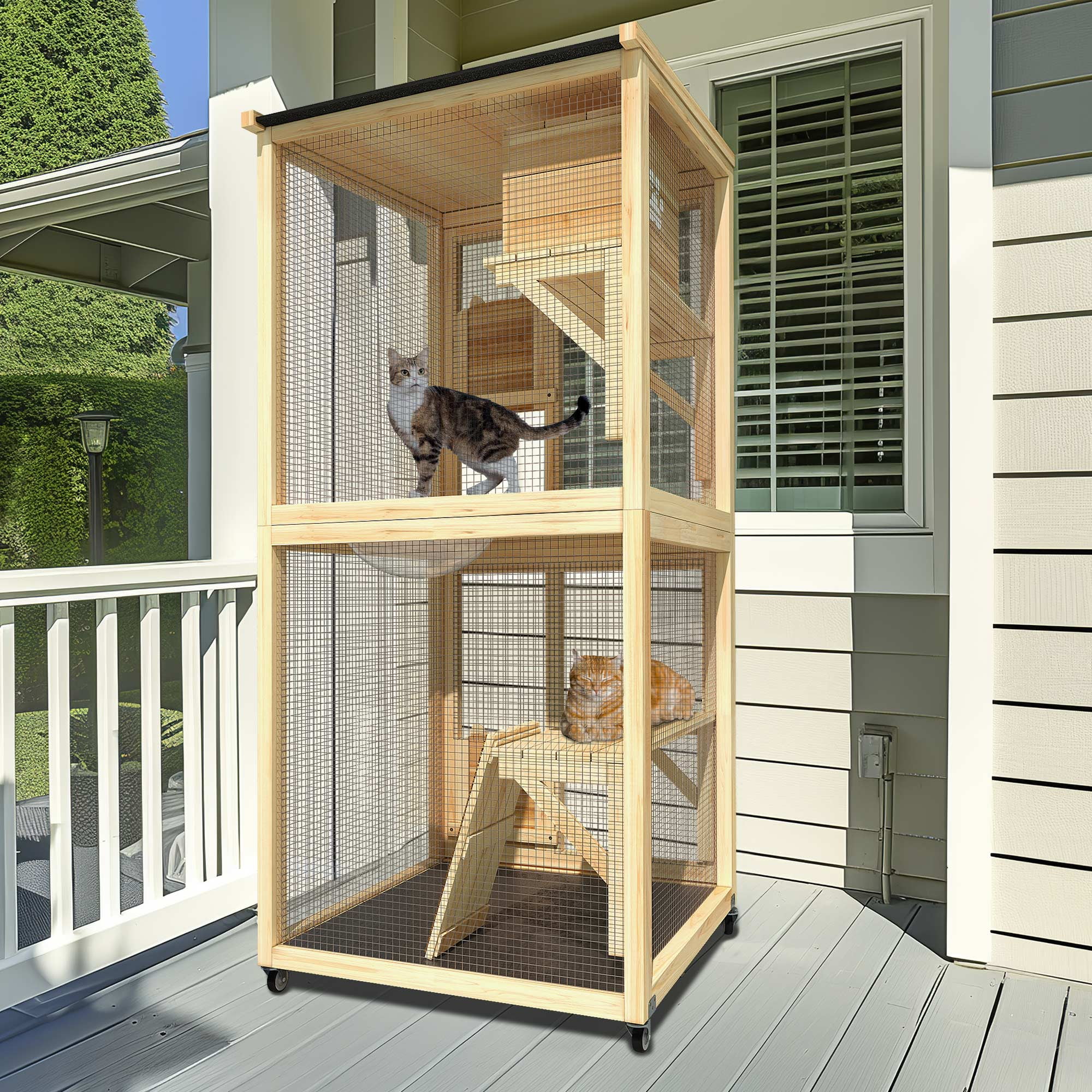 Uforic Catio Outdoor Cat House with Wheels,Wooden Cat Enclosure Resting Box with 4 Platforms, 71 inch Kitten Condo Pets Cage, Brown