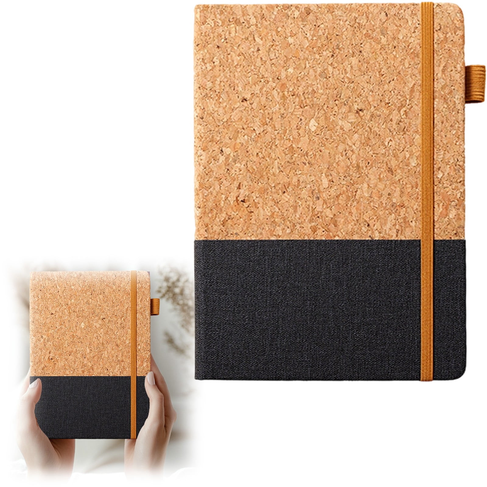 VKLU 1Pc Black 8.5" x 5.7" Cork and Faux Leather Patchwork Journal, Professional Hardcover Notebook with Elastic Band