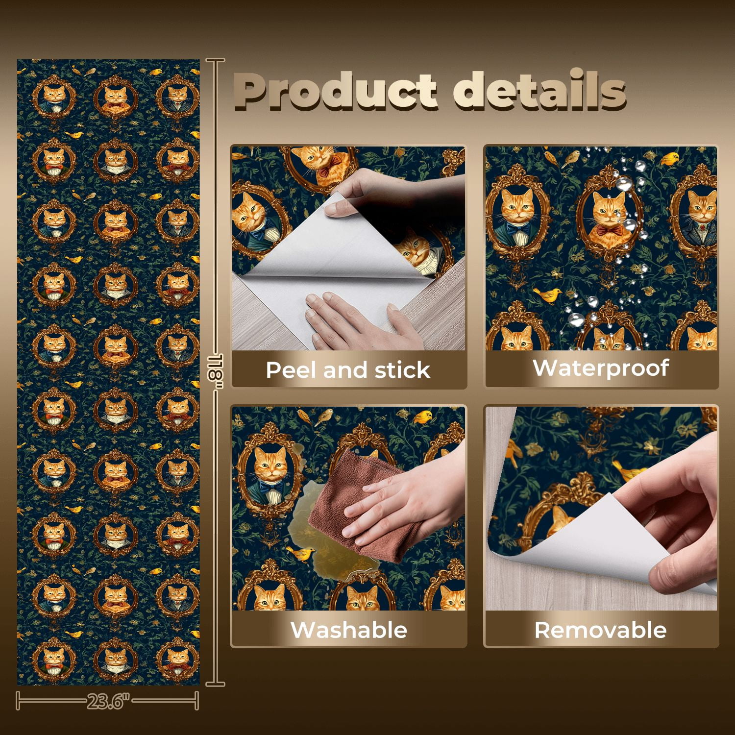 Peel and Stick Wallpaper Baroque Vintage Cat Portraits Floral Frames Bow Ties Wall Mural 23.6in x 9.8ft Self Adhesive Removable Wall Paper Renter Friendly Wallpaper for Nursery Bedroom Cabinets