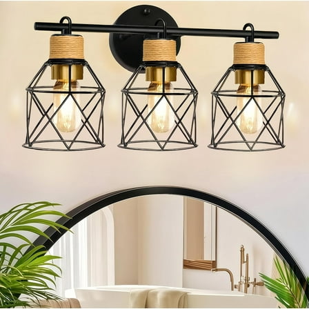 3-Light Bathroom Light Fixtures,Sconces Wall Lighting Over Mirror, Farmhouse Bathroom Vanity Light Fixtures,Black Vanity Lights with Metal Lampshade,Vintage Wall Light for Bedroom Hallway