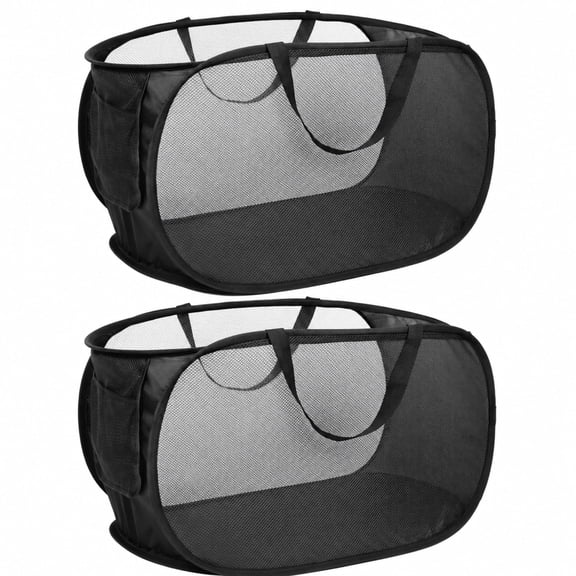 2 Pack Collapsible Laundry Baskets, Mesh Pop Up Laundry Hamper with Side Pocket, Foldable Clothes Hamper with Carry Handles for Bathroom, Dorm, Travel - Black