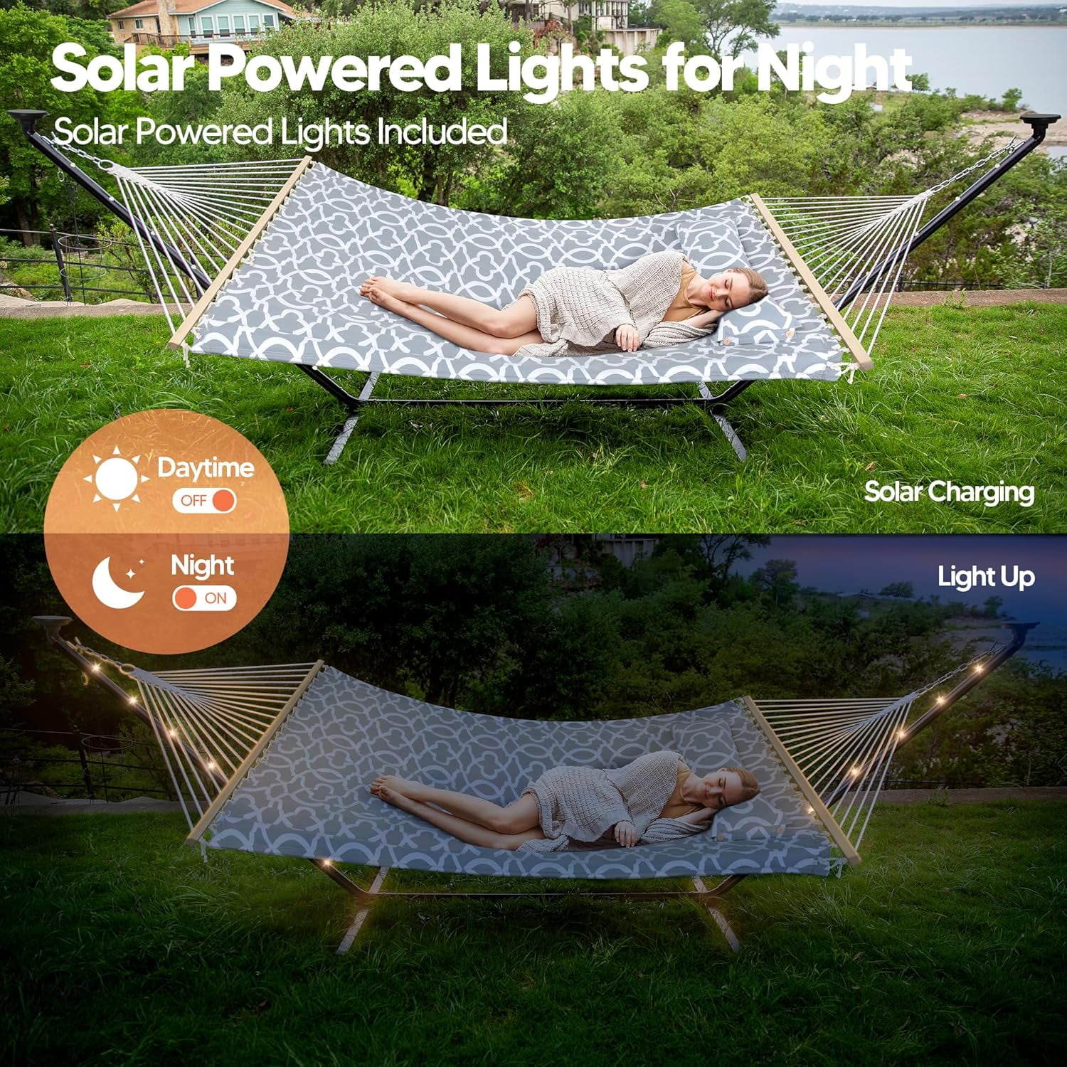 SUNCREAT Hammocks Outdoor 2 Person Hammock with Solar Powered Lights, Double Hammock with 12 ft Stand Included, Light Gray