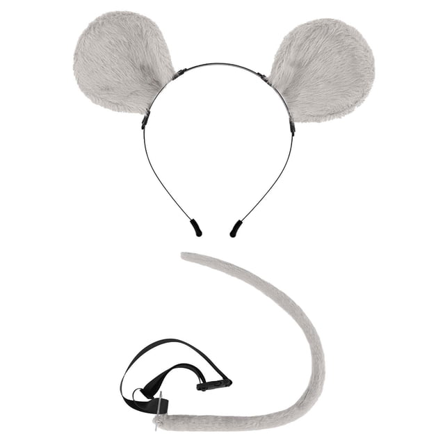 Conjunto de 2 accesorios para disfraz de ratón, diadema con orejas y cola de ratón, decoración para fiesta Gris