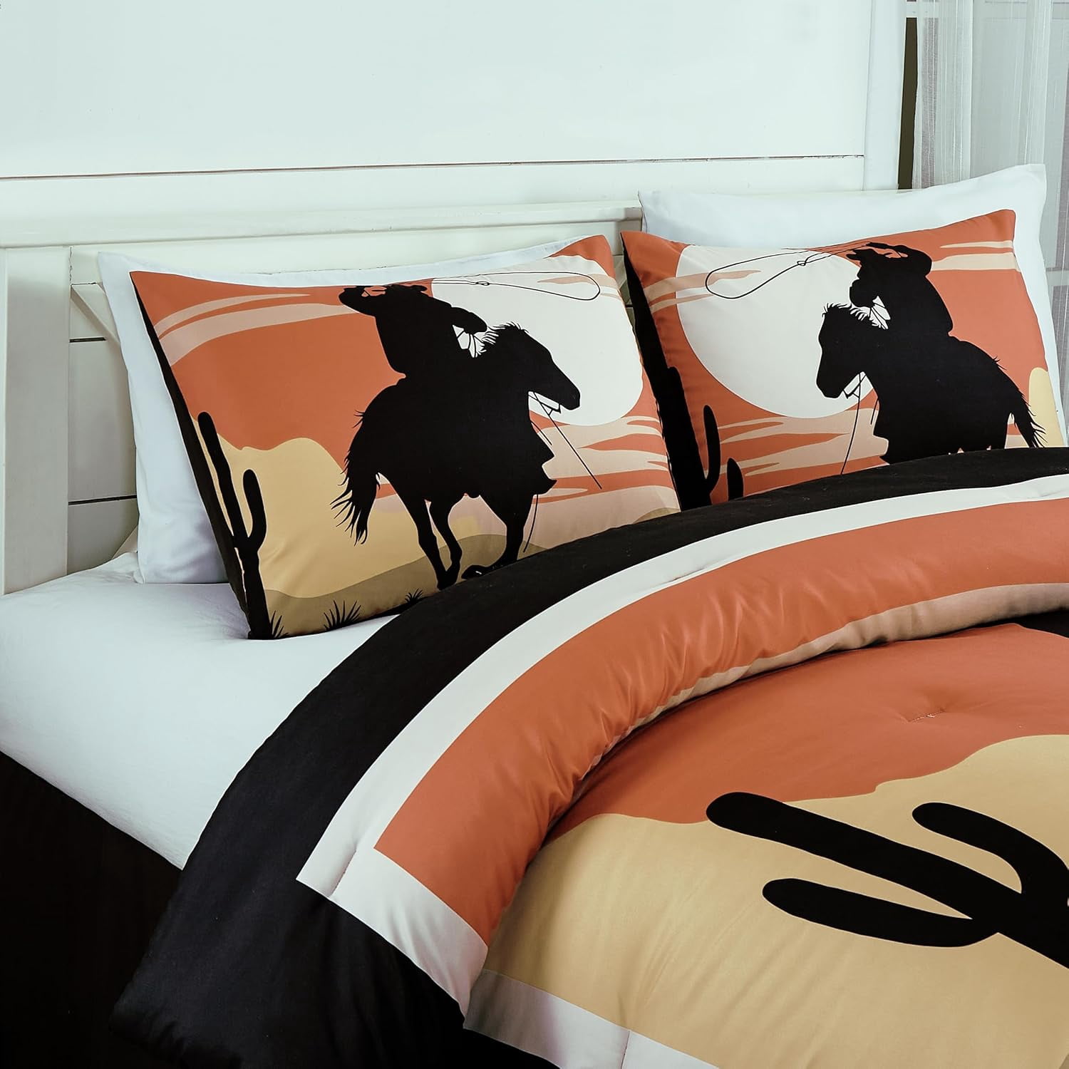 Chezmoi Collection Paseo 7-Piece Southwestern Sunset Cowboys Comforter Set, Multicolor Orange Brown Yellow White Printed Washed Microfiber Bedding, King