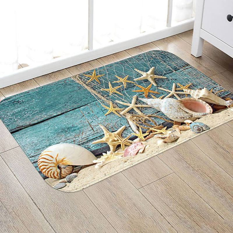 Sea Shell Star Blue Wooden Board Non Slip Shower Rug Flannel Carpet Door Mat 