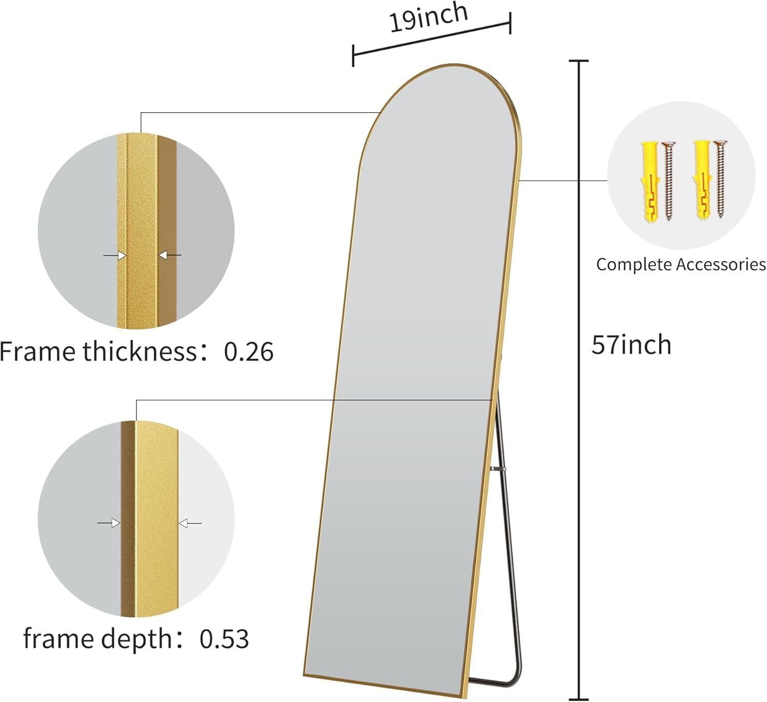 Anyrose 57"x 19" Arched Full Length Mirror Floor Mirror with Stand Wall-Mounted, Gold