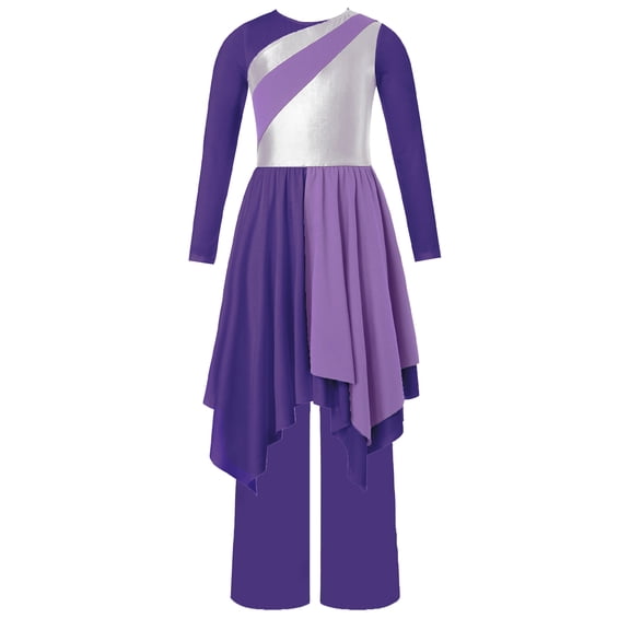 TTAO Kids Girls Long Sleeve Praise Dance Dress Metallic Liturgical Worship Lyrical Tunic Robe with Wide Leg Pants Set Purple 10