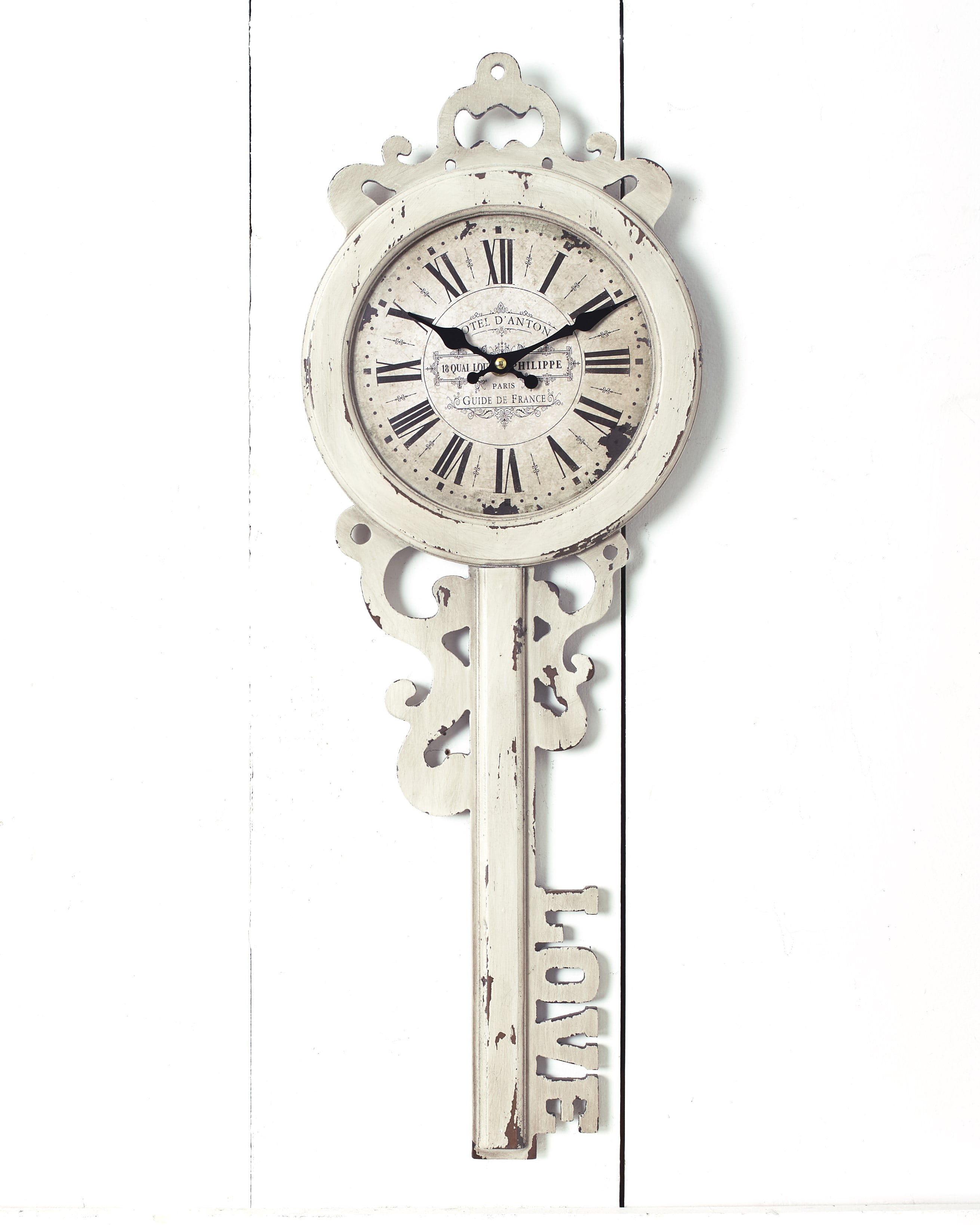 Love Key Wall Clock with Distressed Finish and Roman Numerals