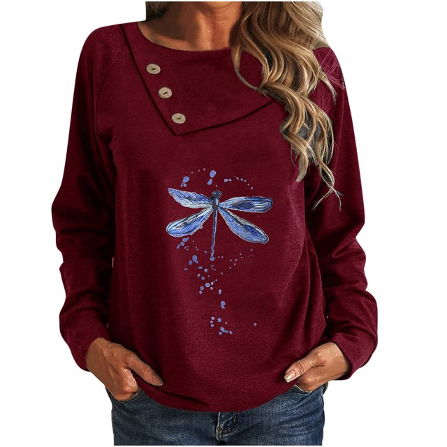 Camiseta de manga larga con botones y cuello redondo estampado casual para mujer Top suelto Pompotops FGAJ7684