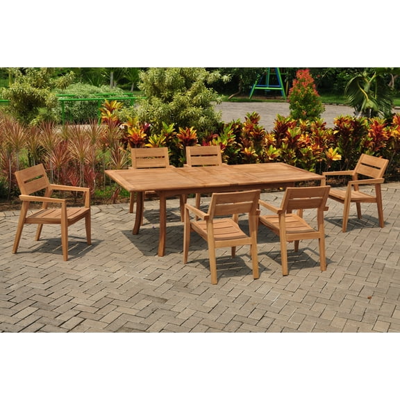 7 PC A Grade Outdoor Patio Teak Dining Set - 94" Double Extension Rectangle Table & 6 Cellore Stacking Arm Chairs