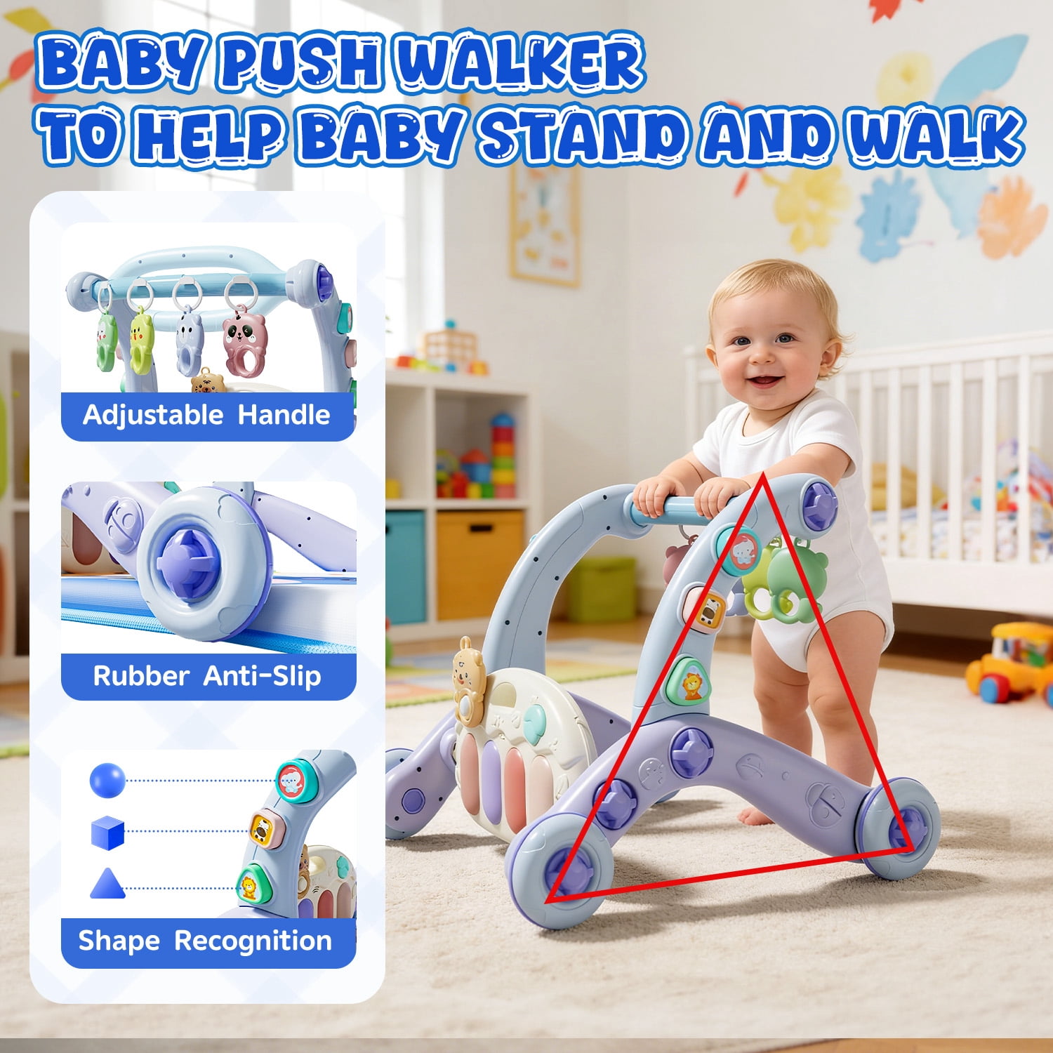 WonderStone 6-in-1 Baby Gym Play Mat, Activity Center Walker with Water Mat, 5 Infant Toys & Portable Musical Piano Panel for Babies 0–12 Months, Blue