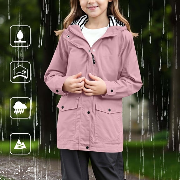 XUNKUSGA Jackets for Girls 5-15 Years Solid Color Long Sleeve Zip Up Kids Rain Jacket Waterproof Windproof Rain Jacket with Hood Lightweight Travel Outdoor Raincoat for Girls