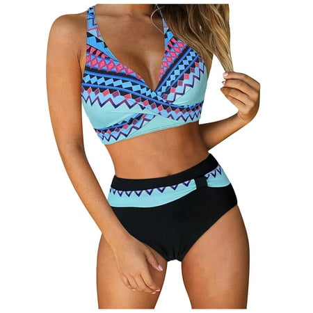 gdxvjhbj Womens Bathing Suits Women Two Piece Vintage Swimsuit Retro Halter Ruched High Waist Bikini with Bottom (Blue XXL)