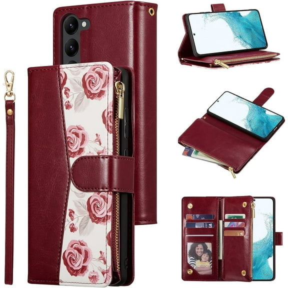 Wallet Case for Samsung Galaxy S23 5G, PU Leather Magnetic Closure Handbag Zipper Pocket Case Kickstand Card Holder Slots with Wrist Strap TPU Shockproof Flip Cover - Flower Wine Red