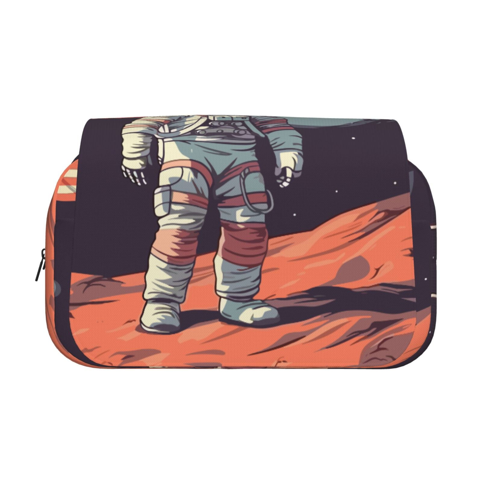 Rateoe Astronaut With American Flag Pattern Double Clamshell Pen Case, Storage Organizer with Two Zipper Compartments– Holds Up to 50 Pencils & Pens