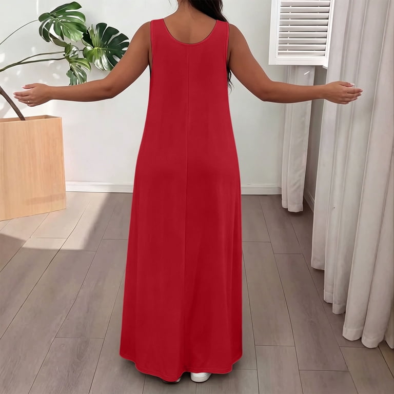 flowy red summer dress Red Floral Maxi Dress: Boho Sleeveless Rayon Sundress