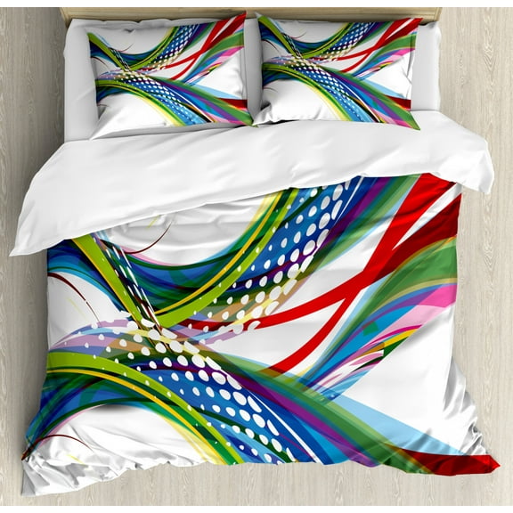 Colorful Duvet Cover Set Queen Size, Active Sports Inspired Digital Wave Like Abstract and Ombre Vivid Modern Image, Decorative 3 Piece Bedding Set with 2 Pillow Shams, Multicolor, by Ambesonne