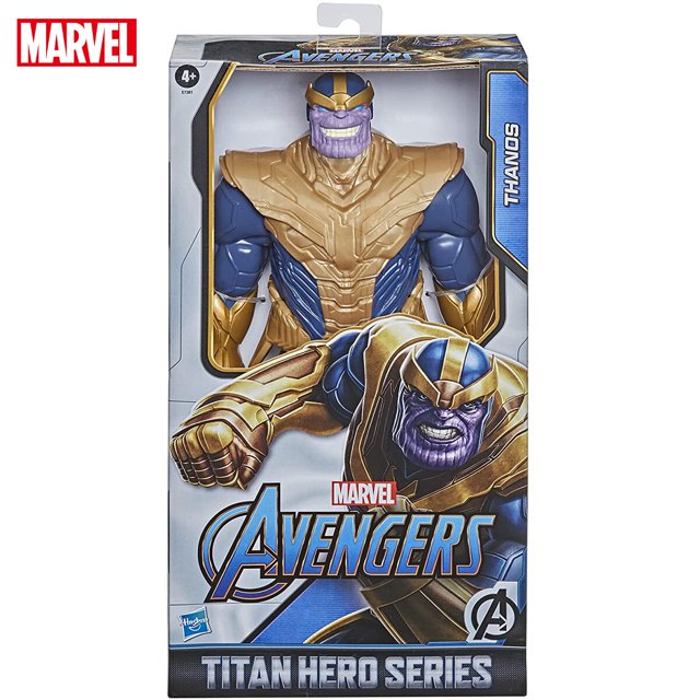 figura de acción thanos 30 cm marvel titan hero series deluxe zhangmengya pvc unisex 7-12 años led, vista frontal centrada en caja con ventana; muñeco de vinilo PVC de 32 x 18 x 9 cm con armadura dorada, torso y brazos azules y rostro púrpura con casco, empaque con logo Marvel y arte de Avengers; a menudo usado como pieza de exhibición en colecciones de figuras de acción.