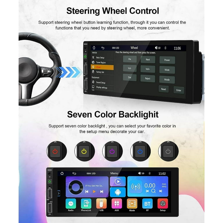 Podofo Single 1 Din 6.86'' HD Touchscreen Car Stereo Radio Wireless Carplay  Android Auto Mirror Link Car MP5 Multimedia Player Bluetooth FM Receiver  Audio USB,with Mic&Backup Camera 
