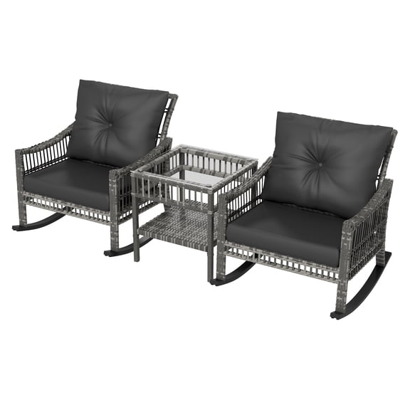 Outdoor PE Rattan Rocker Chair Set - 3 Piece Patio Bistro Furniture with Tempered Glass Table, Gray Wicker Rocking Chairs for Patio, Backyard, Garden