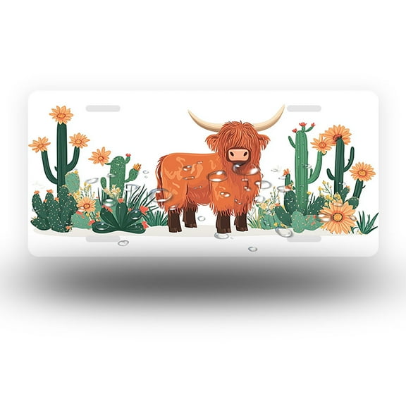Highland Cow among Cacti and Flowers Front License Plate,Metal License Plate,Funny Standard Plates Personalized Novelty Decorative For Men/Women/Boys/Girls Car 6×12 Inch