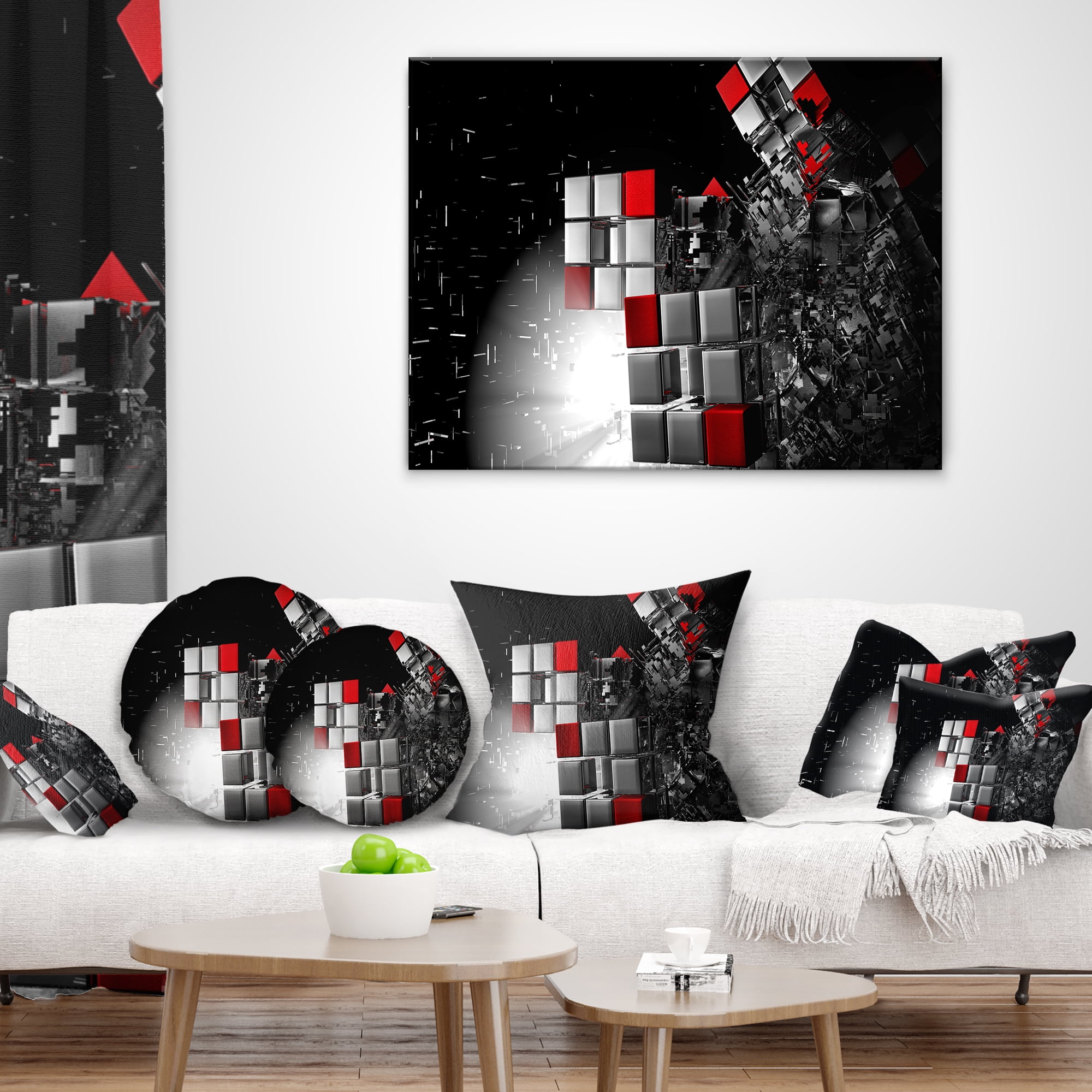Designart Fractal 3D Red White Cubes - Contemporary Throw Pillow - 18x18