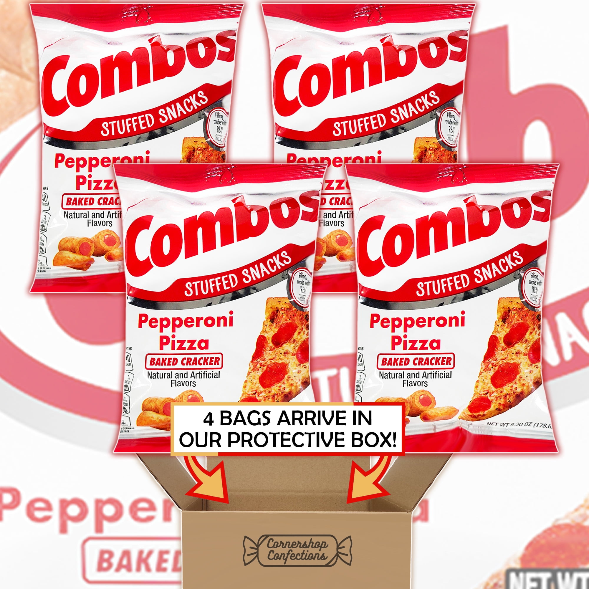 Combos Pepperoni Pizza Flavored Baked Cracker Bulk Pack - 4 Separate 6.3 oz Bags for Over 24 Ounces Total - Stuffed Cracker Snacks for Road Trips, School, Work in Cornershop Confections Pack