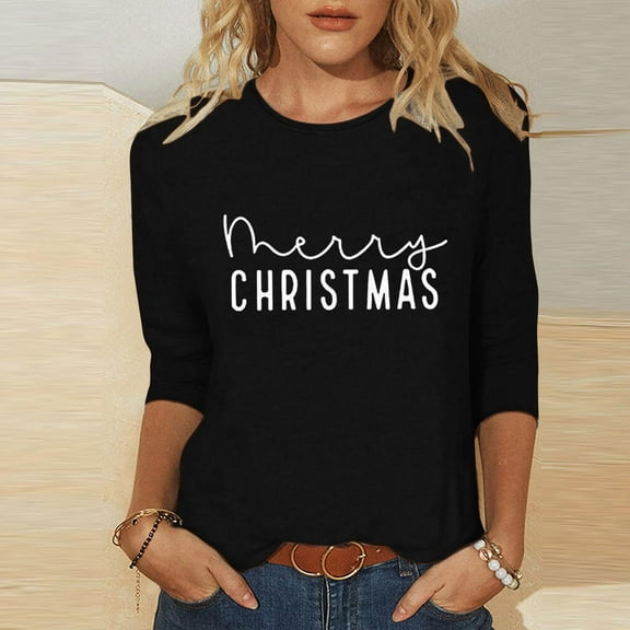 Elvqul 3/4 Sleeve Tops for Women Christmas Shirts Plus Size Black Crew Neck Graphic Pullover Juniors Tops Funny
