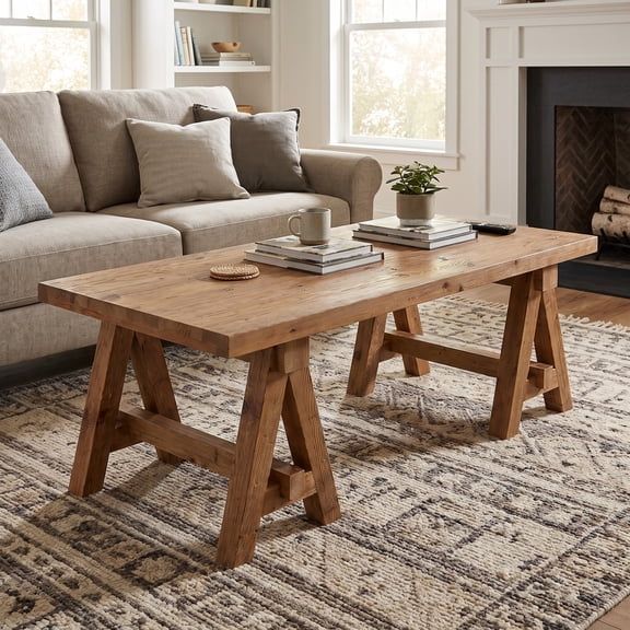 Fnova 47" Solid Wood Coffee Table, Rustic Farmhouse Center Table with Trestle Base, Natural Wood Rectangular Coffee Tea Table for Living Room, Lounge, Home Office
