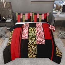Homewish Modern Geometric Full Size Comforter Sets,Gold Cheetah Print Bedding Comforter Set,Red Zebra Stripes Bedding Sets For Adults,Microfiber Bedroom Decor Reversible,3-Piece