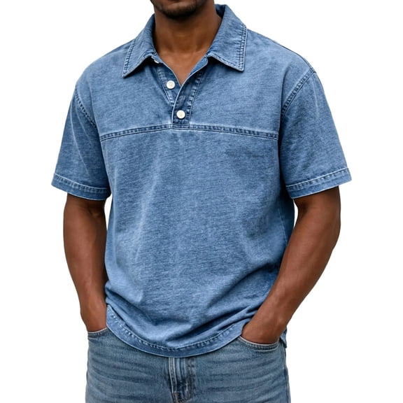 Yifymode Men's Denim Short Sleeve Polo Shirt, Loose Fit Button-Down Collar Classic Casual Top Blue L