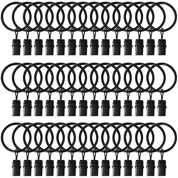 42 Pack Curtain Rings with Clips 1.26" Interior Diameter,Metal Drapery Ring with Clips Compatible with up to 1 inch Drapery Rod,Strong Vintage Decorative Rustproof Drapery Ring with Hooks(Black)