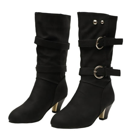 

OUNONA Winter Mid-Calf Boots Chunky Heels Medium Boots Belt Buckle Boots Autumn Lady Combat Boots (Black Size 37)