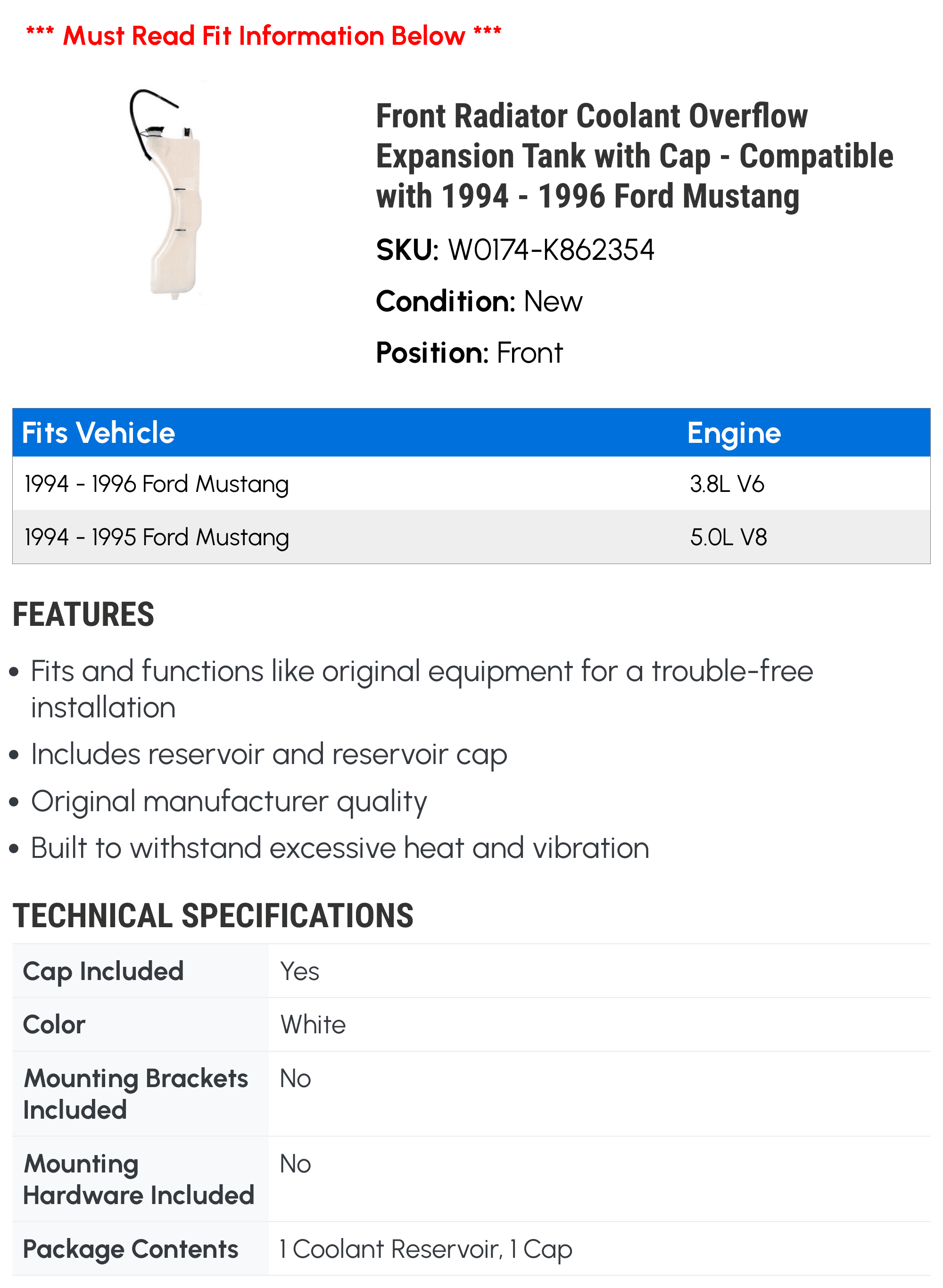 Front Radiator Coolant Overflow Expansion Tank with Cap - Compatible with 1994 - 1996 Ford Mustang 1995