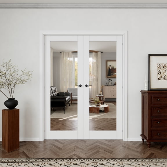 72" x 80" (2 Sets of 36") Interior Pantry French Doors Clear Glass 1-Lite Modern Solid Core Manufactured Wood Primed Double Door With Hardware / Frame